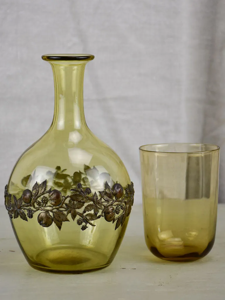 Napoleon III bedside water carafe and glass - smokey amber crystal with copper decoration