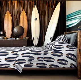 Navy Blue and Brown Classic Surfboards Sheet Set from Surfer Bedding™️ Large Scale