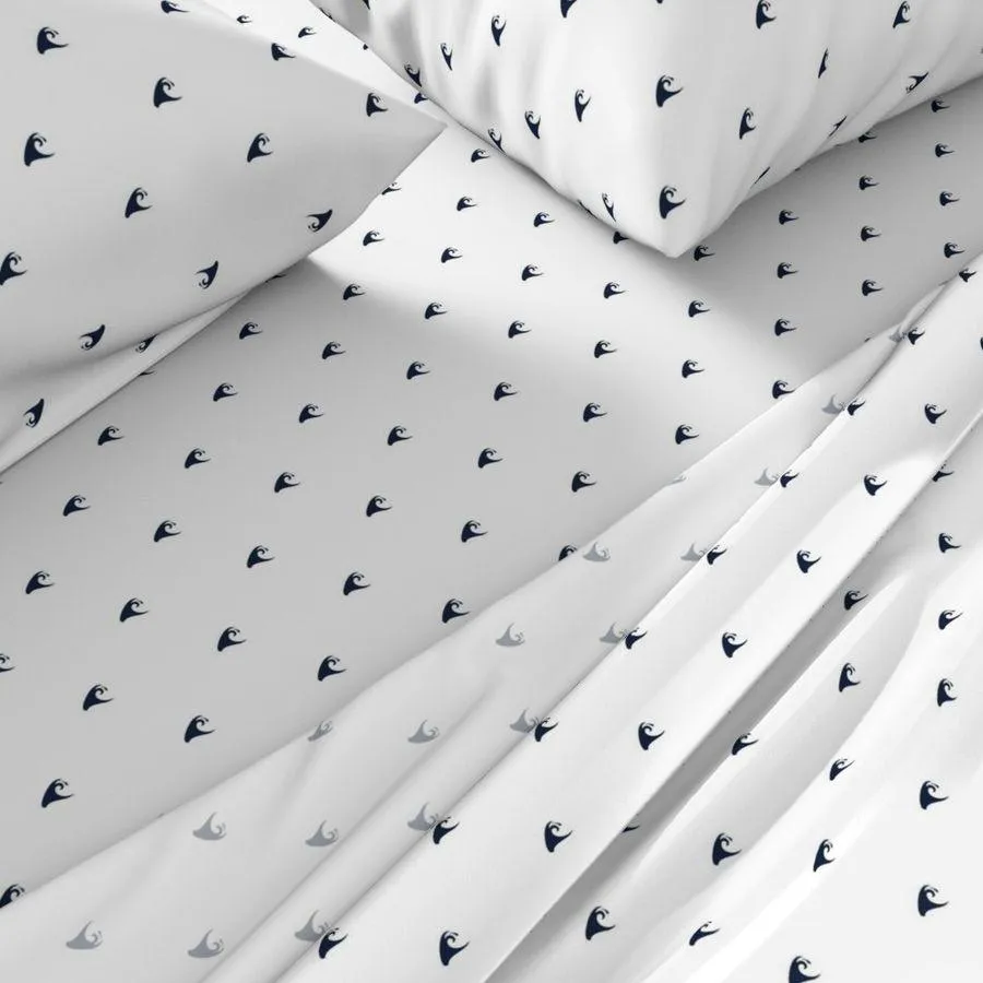 Navy Blue Epic Waves on White Sheet Set from Surfer Bedding™️