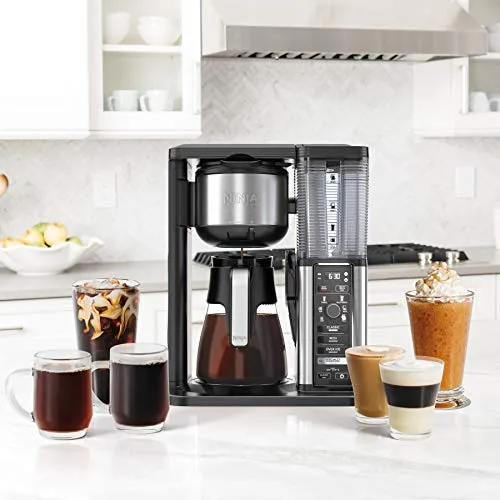 Ninja CM401 Specialty 10-Cup Coffee Maker, with 4 Brew Styles for Ground Coffee, Built-in Water Reservoir, Fold-Away Frother & Glass Carafe, Black