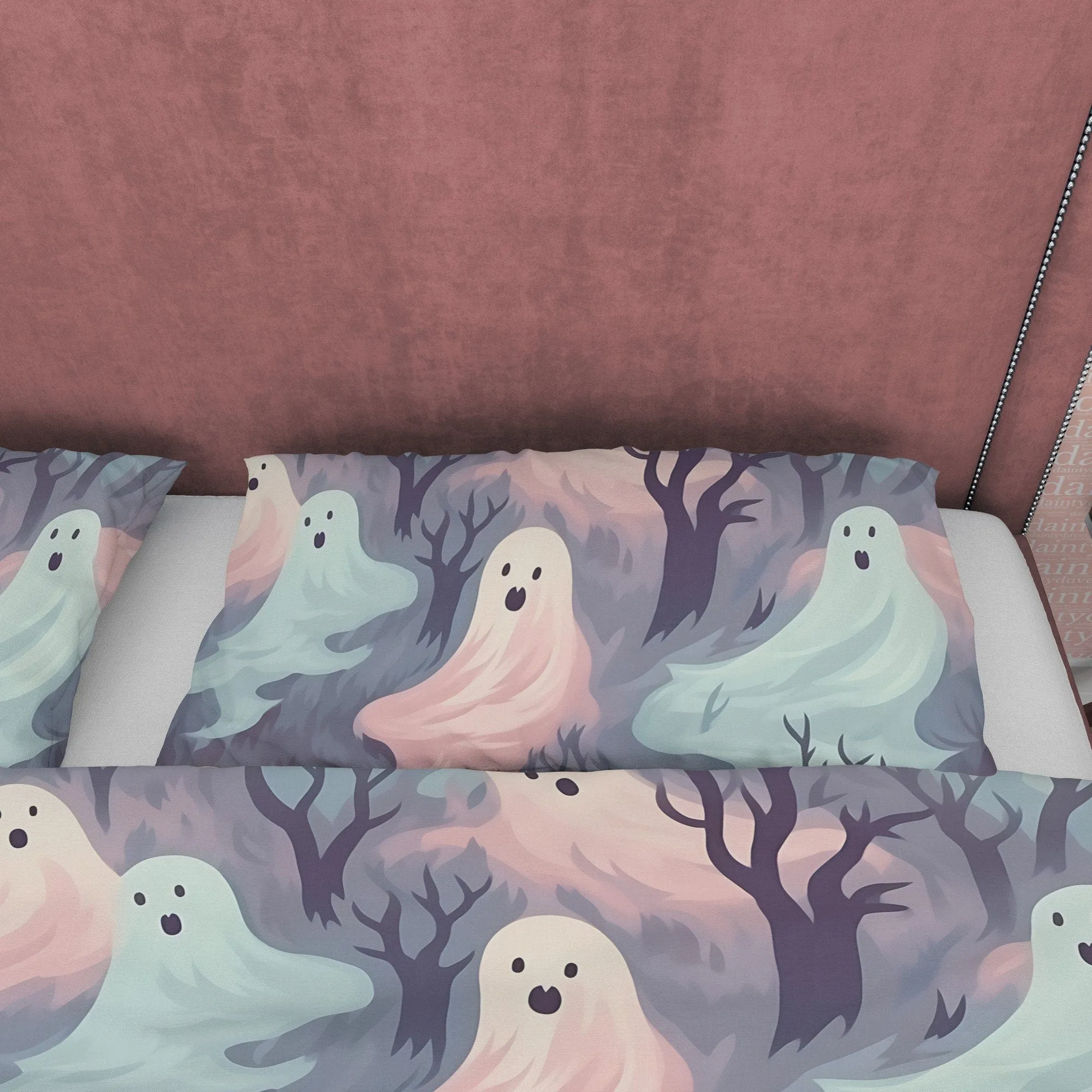 Pastel Colored Ghosts Duvet Cover Set Pillowcase, Quilt Cover Aesthetic Zipper Bedding, Halloween Room Decor, Spooky Bedding, Pink Blue Cyan