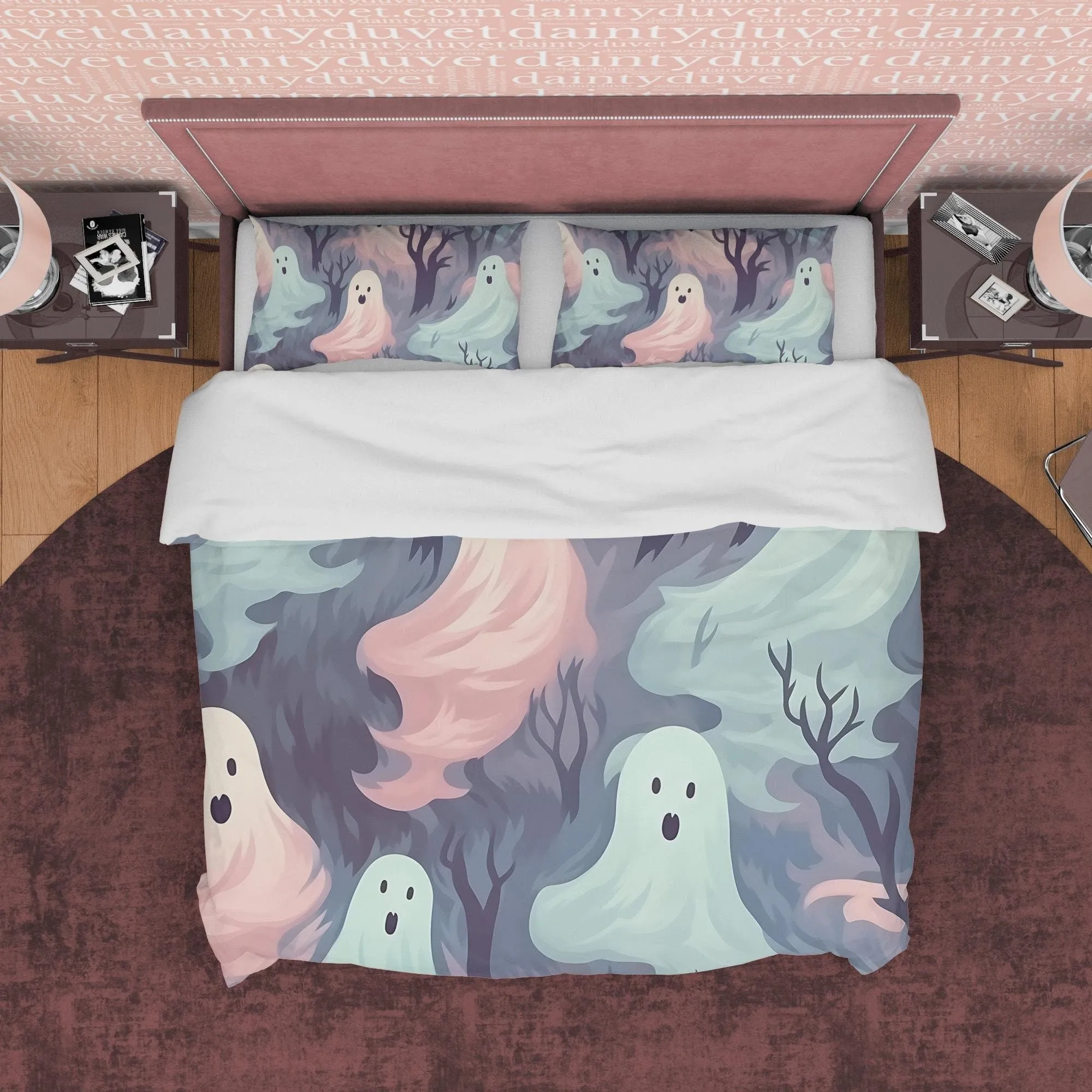 Pastel Colored Ghosts Duvet Cover Set Pillowcase, Quilt Cover Aesthetic Zipper Bedding, Halloween Room Decor, Spooky Bedding, Pink Blue Cyan