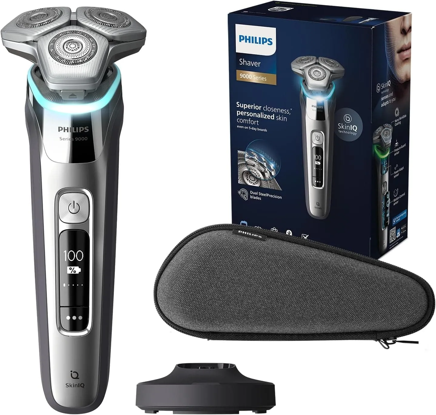 Philips Series 9000 S9974/35 Wet & Dry Electric Shaver with SkinIQ Technology, Charging Stand & Travel Case, Dark Chrome