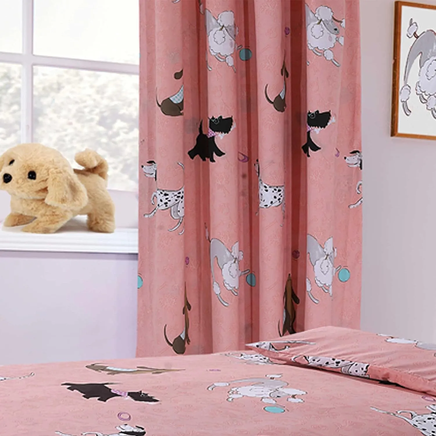 Pink Dog Print Duvet Cover Set with Matching Curtains Cosy Cotton Blend Bedding for Kids and Adults by OLIVIA ROCCO