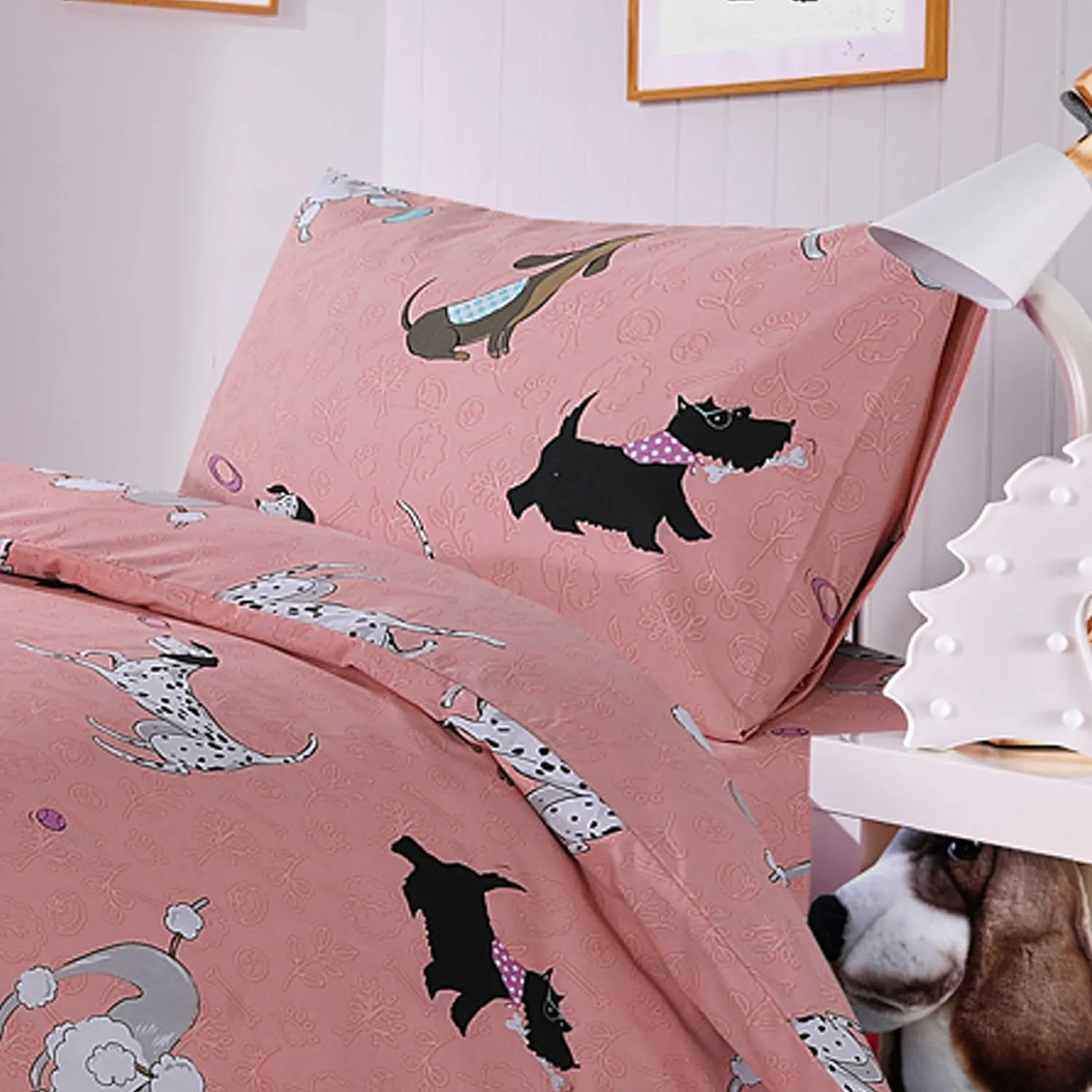 Pink Dog Print Duvet Cover Set with Matching Curtains Cosy Cotton Blend Bedding for Kids and Adults by OLIVIA ROCCO