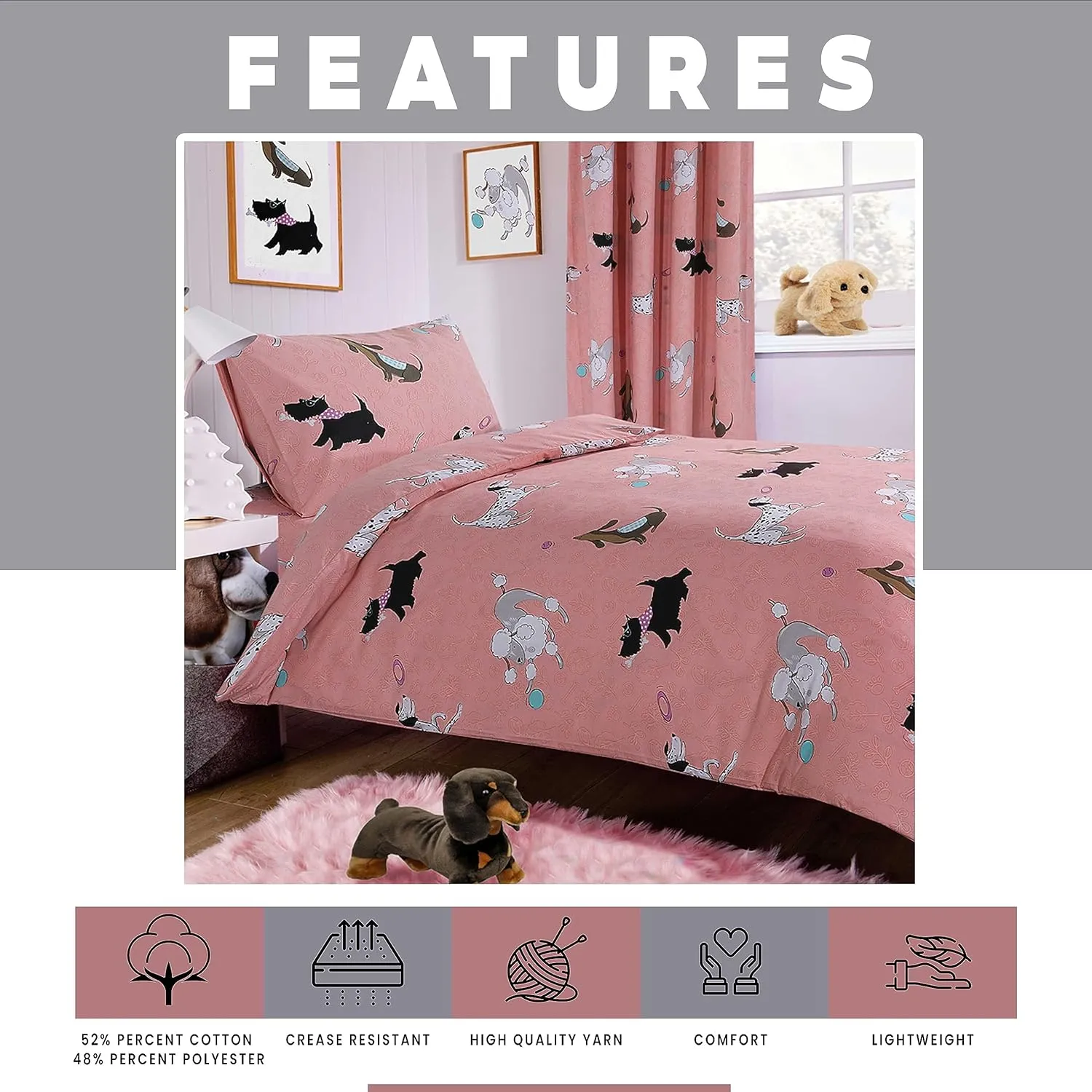 Pink Dog Print Duvet Cover Set with Matching Curtains Cosy Cotton Blend Bedding for Kids and Adults by OLIVIA ROCCO