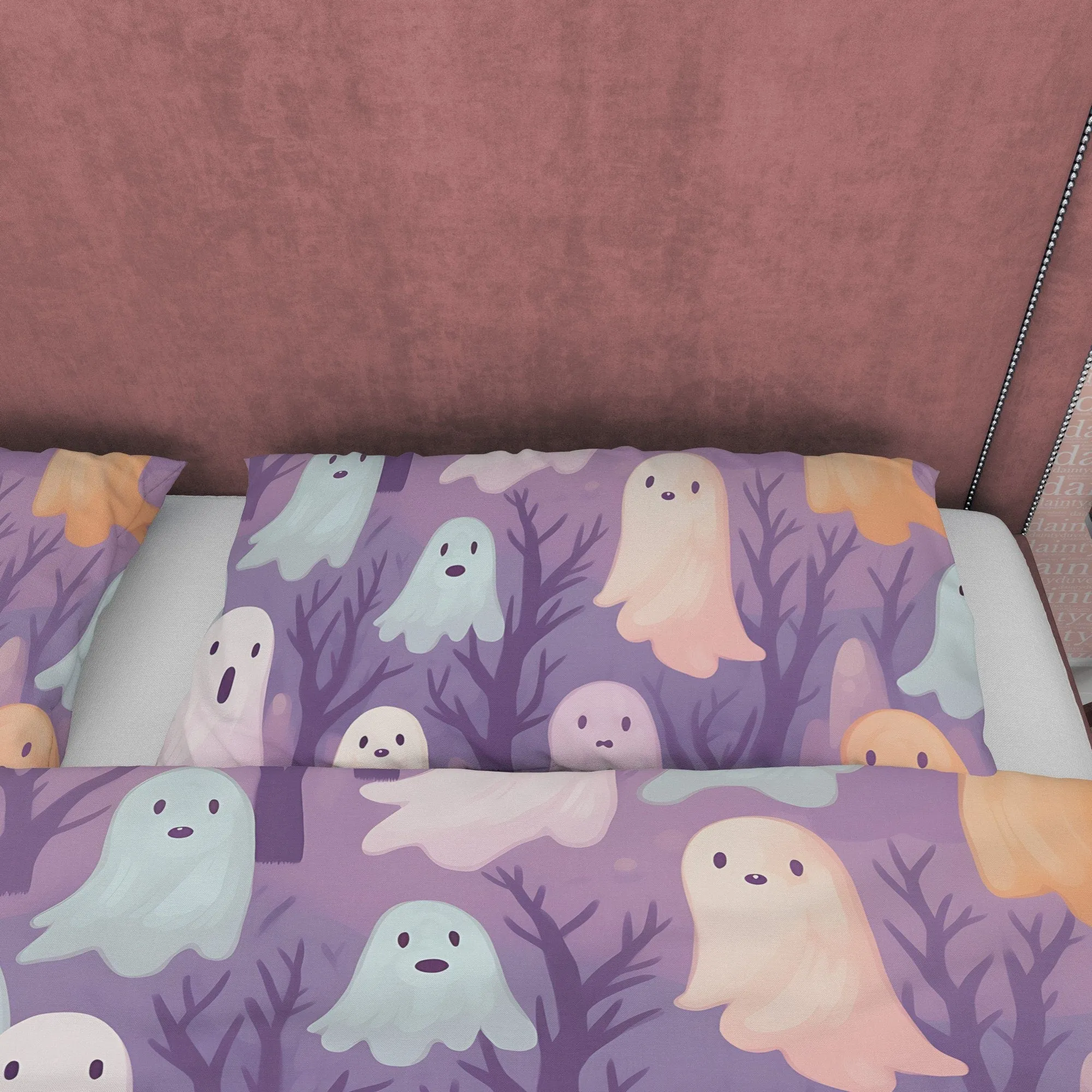 Pink, Orange Cute Ghosts, Purple Duvet Cover Set, Aesthetic Bedding, Halloween Room Decor, US, UK, European, Australian Bed Size