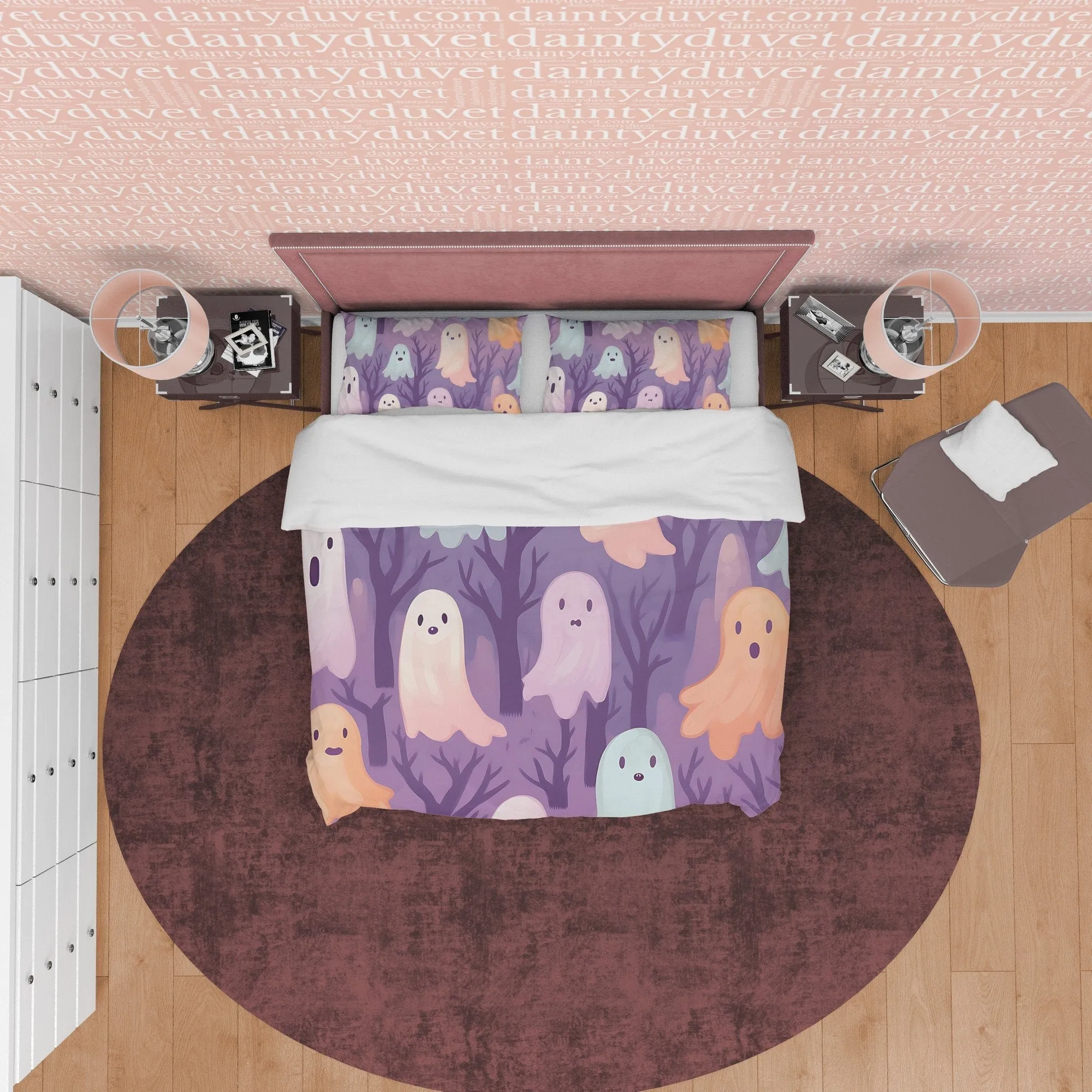 Pink, Orange Cute Ghosts, Purple Duvet Cover Set, Aesthetic Bedding, Halloween Room Decor, US, UK, European, Australian Bed Size