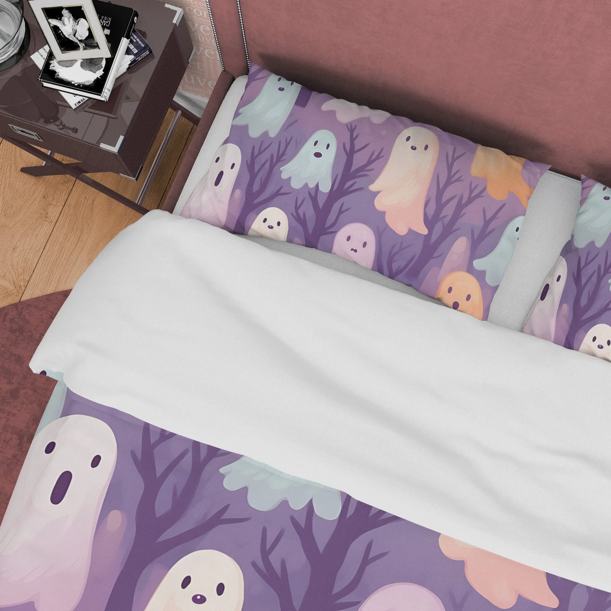 Pink, Orange Cute Ghosts, Purple Duvet Cover Set, Aesthetic Bedding, Halloween Room Decor, US, UK, European, Australian Bed Size