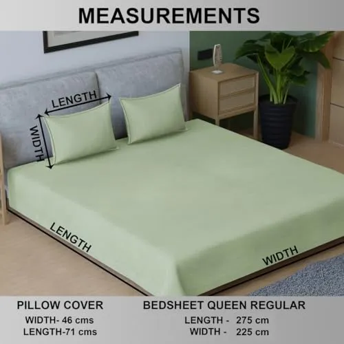 Pro Linen Premium Sheen Plain Satin Pure Cotton 300Tc, 3Pc Bedding Set, Queen Regular Size 275x225 Cm, Moss, (1 Bed Sheet   2 Pillow Covers)