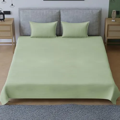 Pro Linen Premium Sheen Plain Satin Pure Cotton 300Tc, 3Pc Bedding Set, Queen Regular Size 275x225 Cm, Moss, (1 Bed Sheet   2 Pillow Covers)