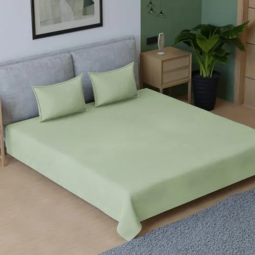 Pro Linen Premium Sheen Plain Satin Pure Cotton 300Tc, 3Pc Bedding Set, Queen Regular Size 275x225 Cm, Moss, (1 Bed Sheet   2 Pillow Covers)