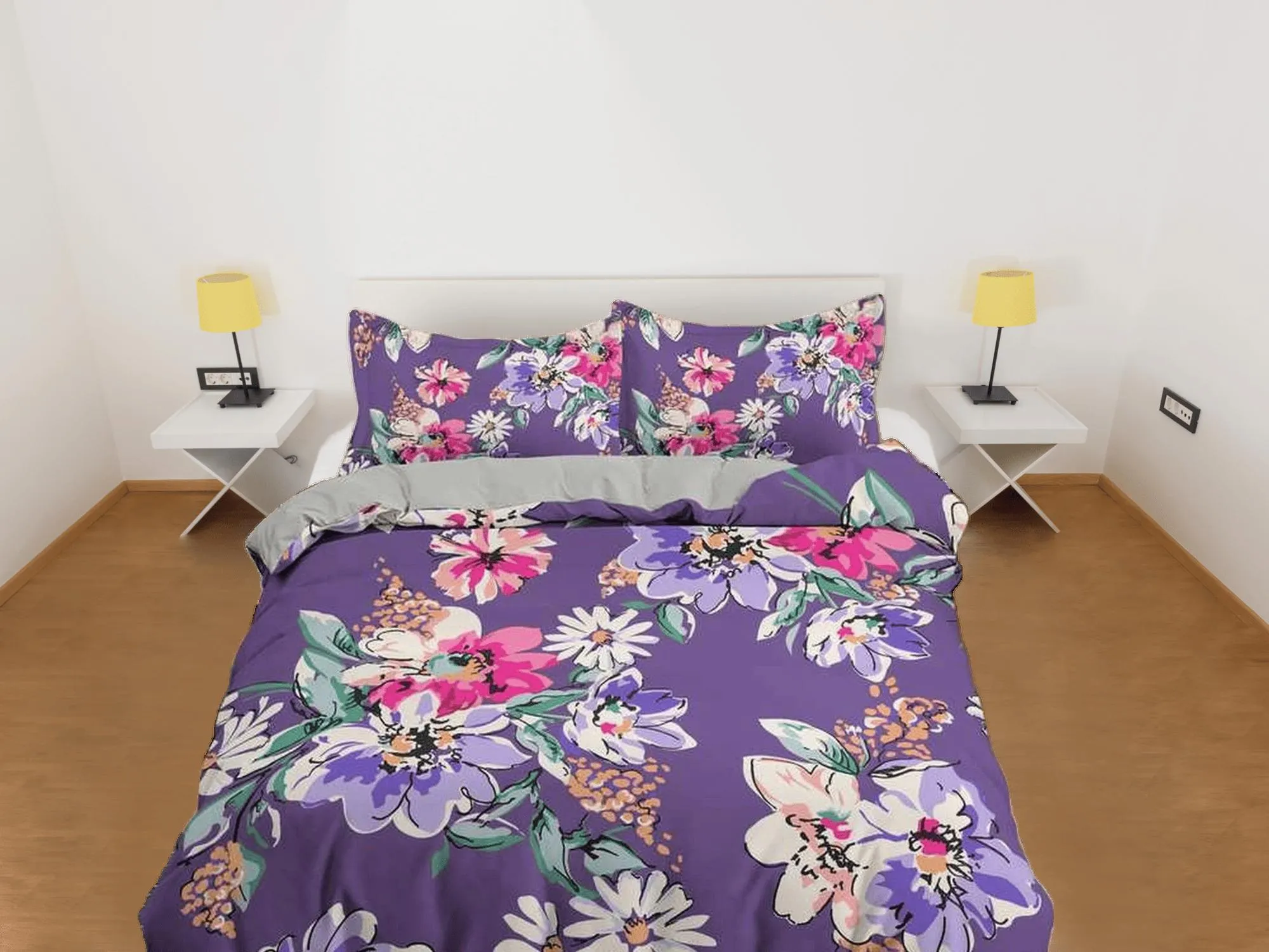 Purple floral duvet cover colorful bedding, teen girl bedroom, baby girl crib bedding boho maximalist aesthetic shabby chic bedding