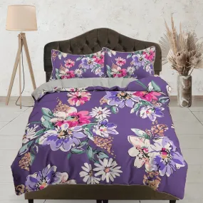 Purple floral duvet cover colorful bedding, teen girl bedroom, baby girl crib bedding boho maximalist aesthetic shabby chic bedding