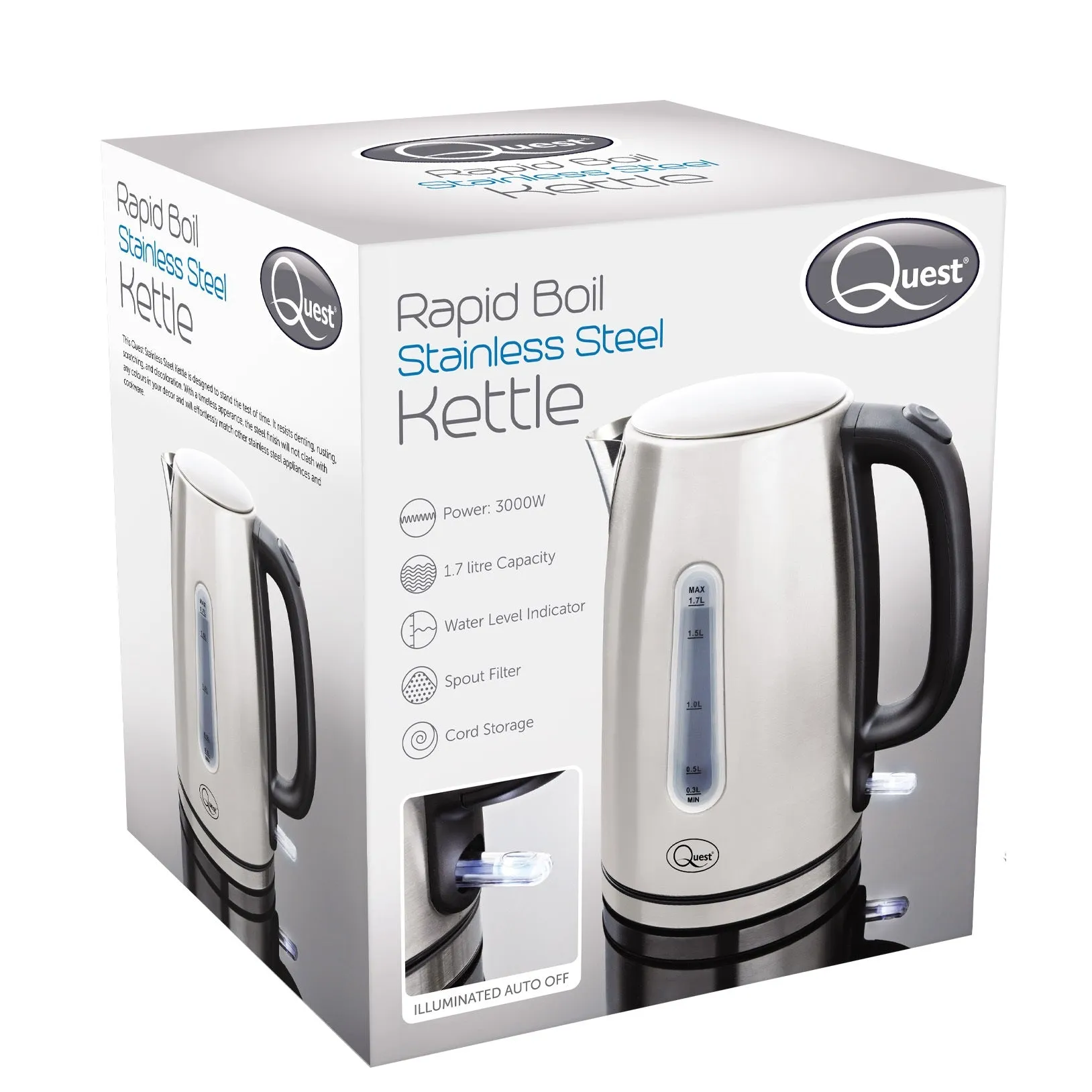 Quest 1.7L 3KW Stainless Steel Jug Kettle - Silver