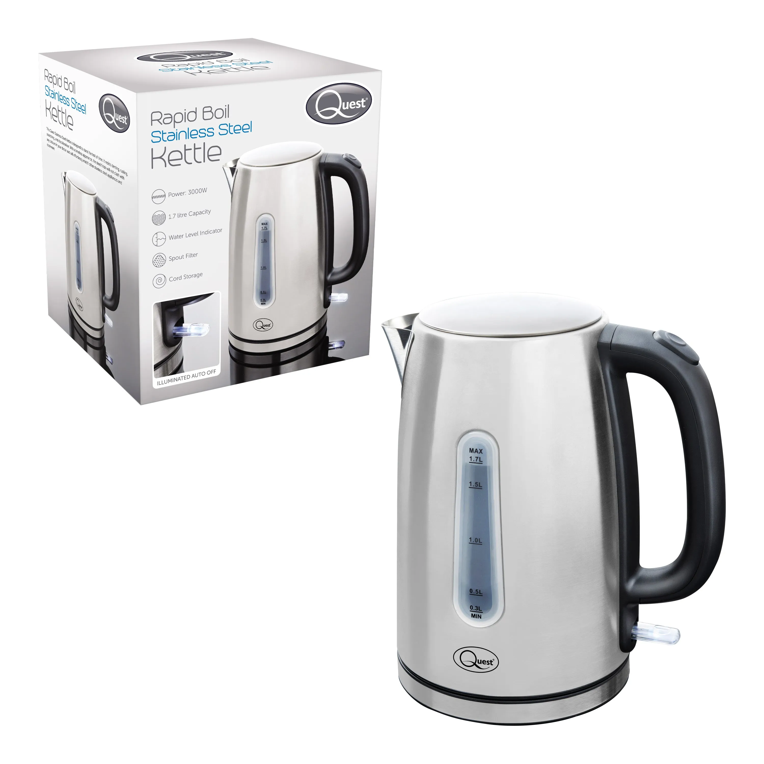 Quest 1.7L 3KW Stainless Steel Jug Kettle - Silver