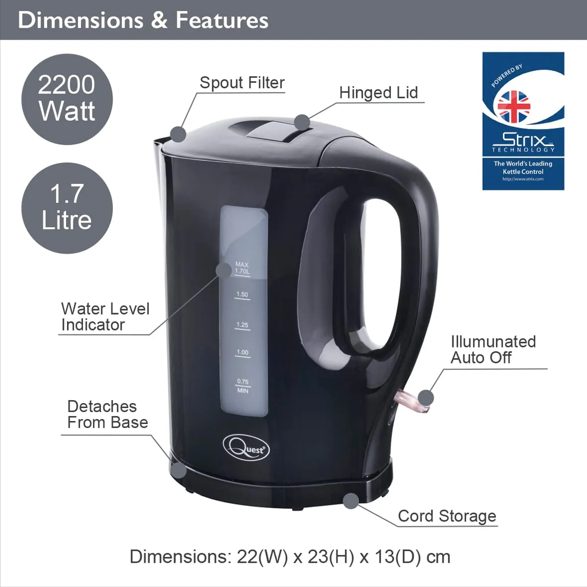 Quest 35109 1.7 Litre Electric Kettle/Black/Cord Storage/Water Level Indicator/BPA Free/Automatic Cut-Off/Student Essentials for University