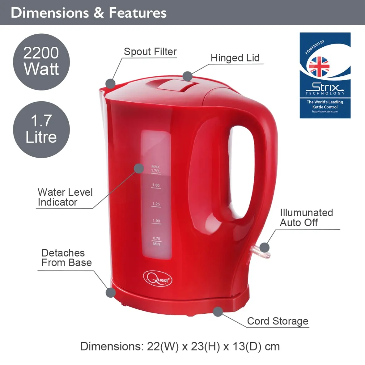 Quest 35429 1.7 Litre Electric Kettle/Red/Cord Storage/Water Level Indicator/BPA Free/Automatic Cut-Off/Student Essentials for University