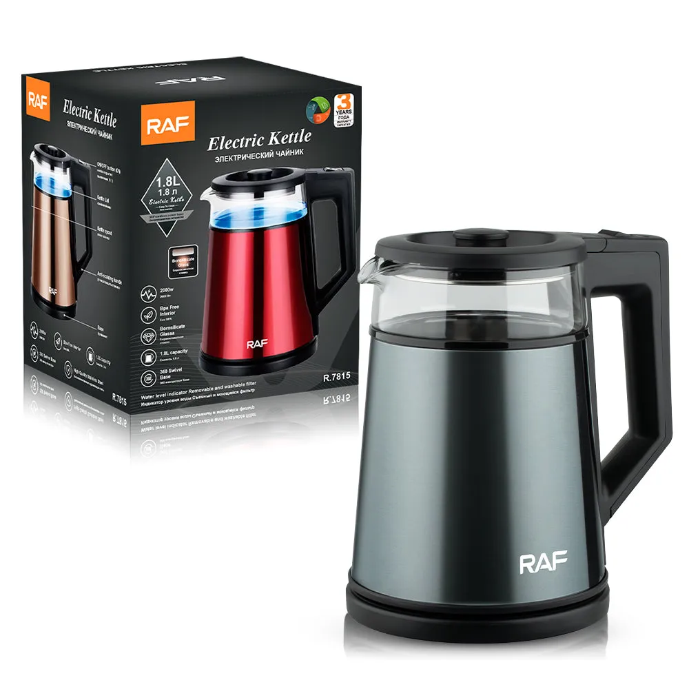 RAF Electric Kettle | 1500W Glass Kettle | 1.7L Capacity | Mixed Color | Copper Clad Aluminum Power Cord, and French Plug