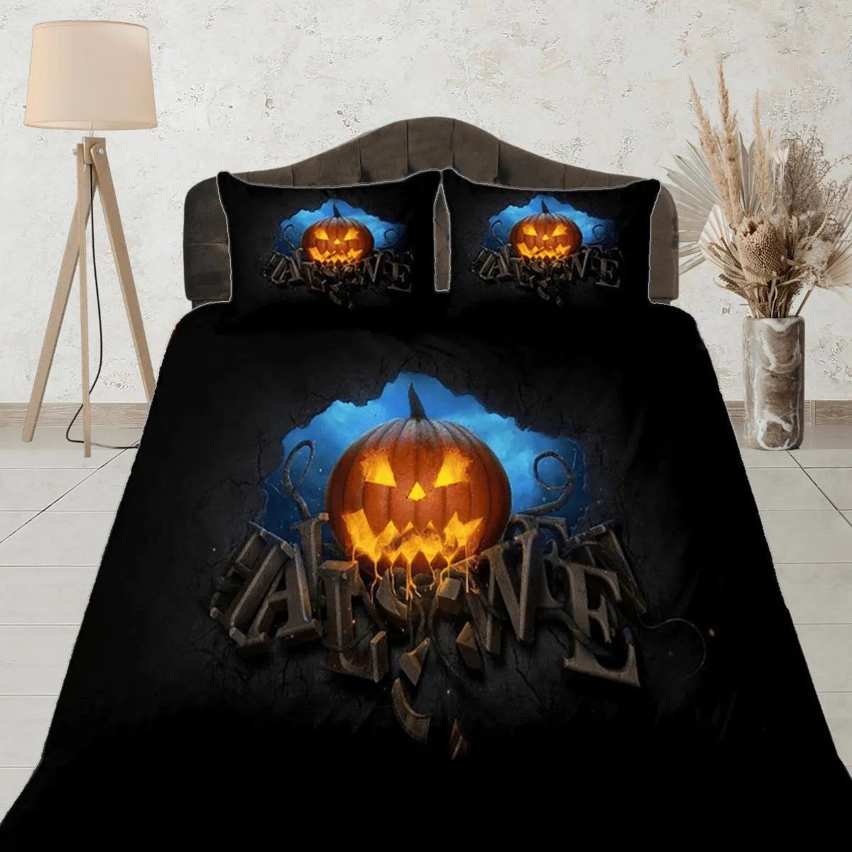 Scary pumpkin halloween bedding & pillowcase, gothic duvet cover, dorm bedding, goth decor toddler bedding, halloween gift