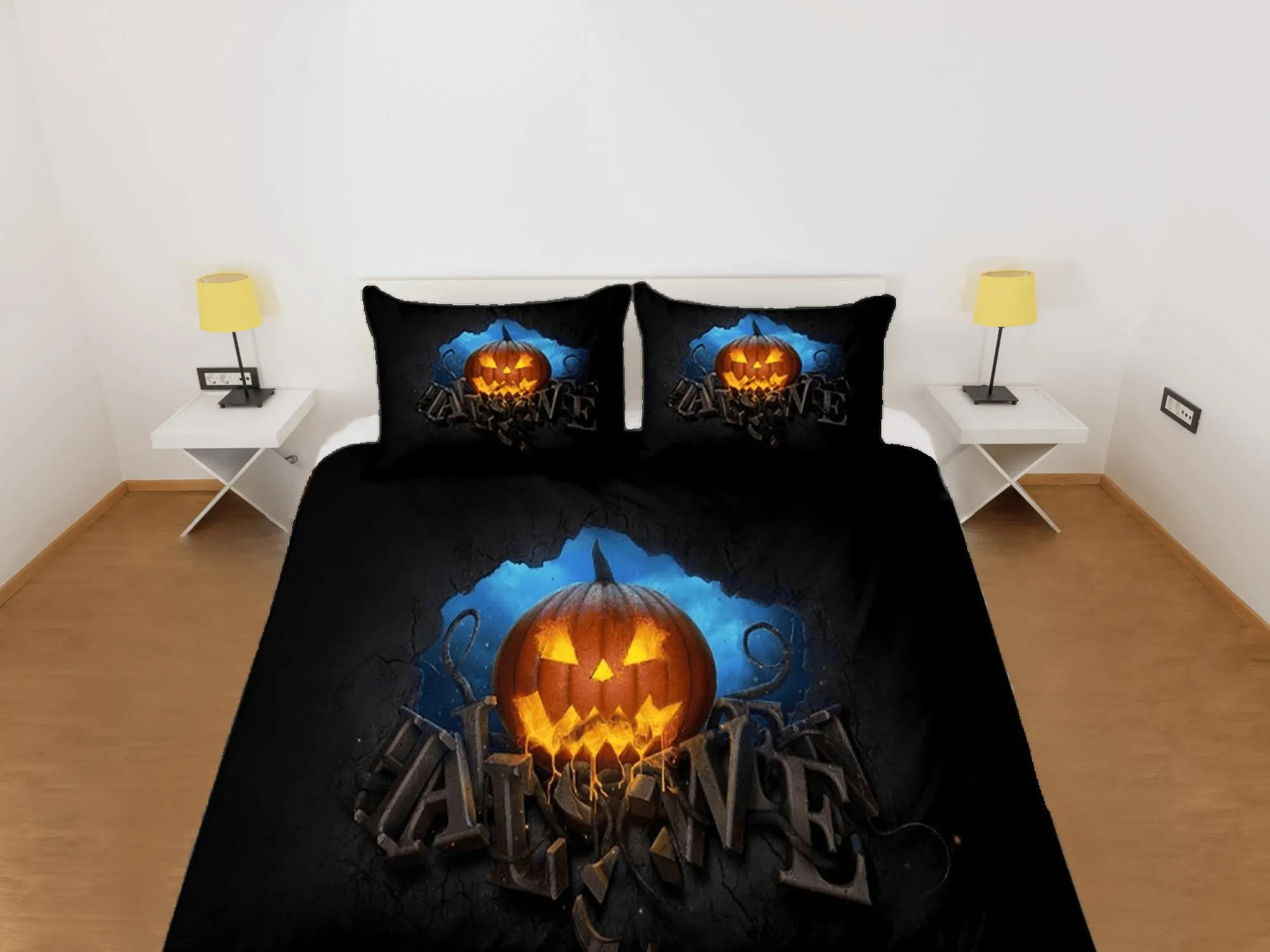 Scary pumpkin halloween bedding & pillowcase, gothic duvet cover, dorm bedding, goth decor toddler bedding, halloween gift