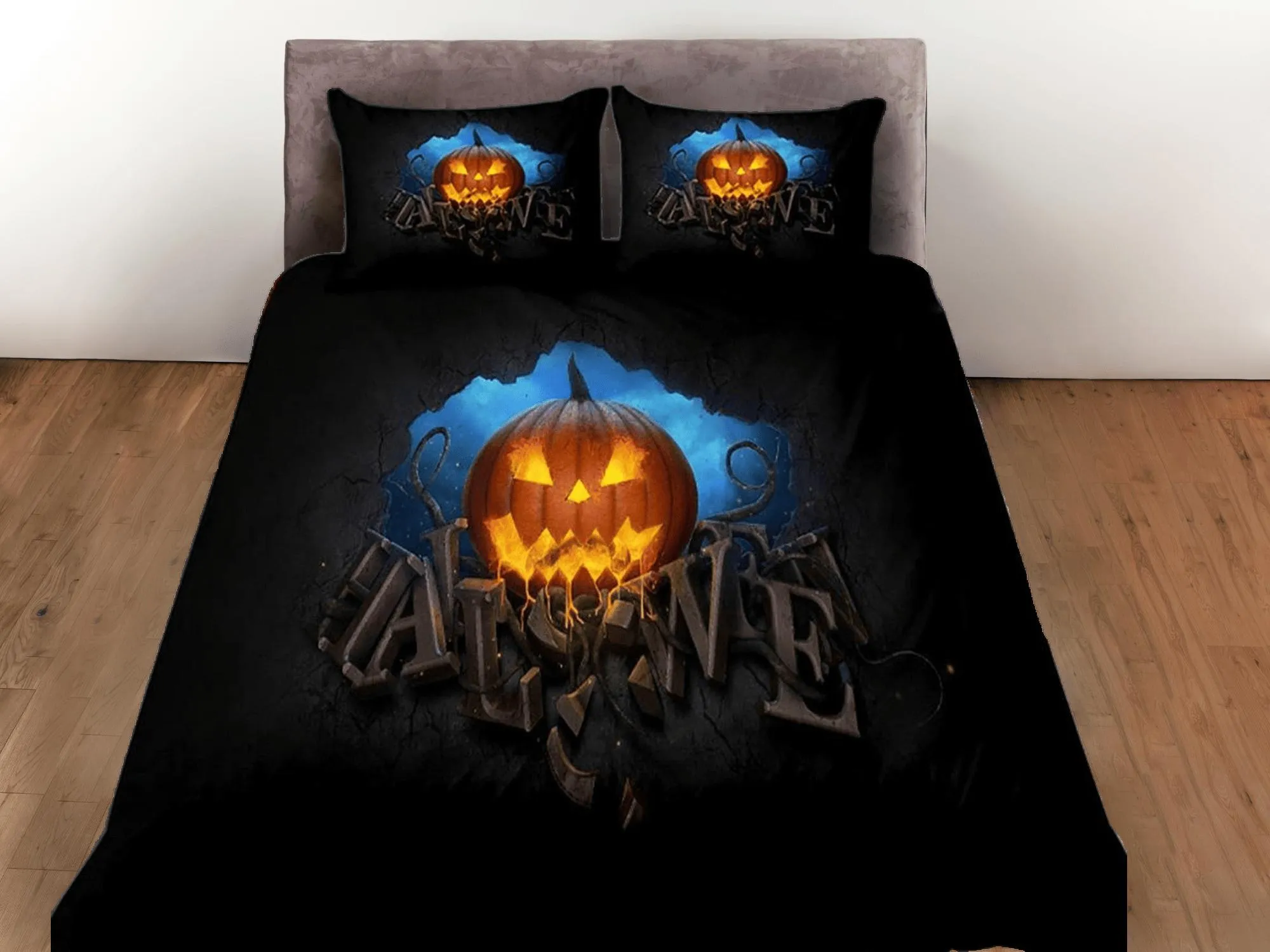 Scary pumpkin halloween bedding & pillowcase, gothic duvet cover, dorm bedding, goth decor toddler bedding, halloween gift