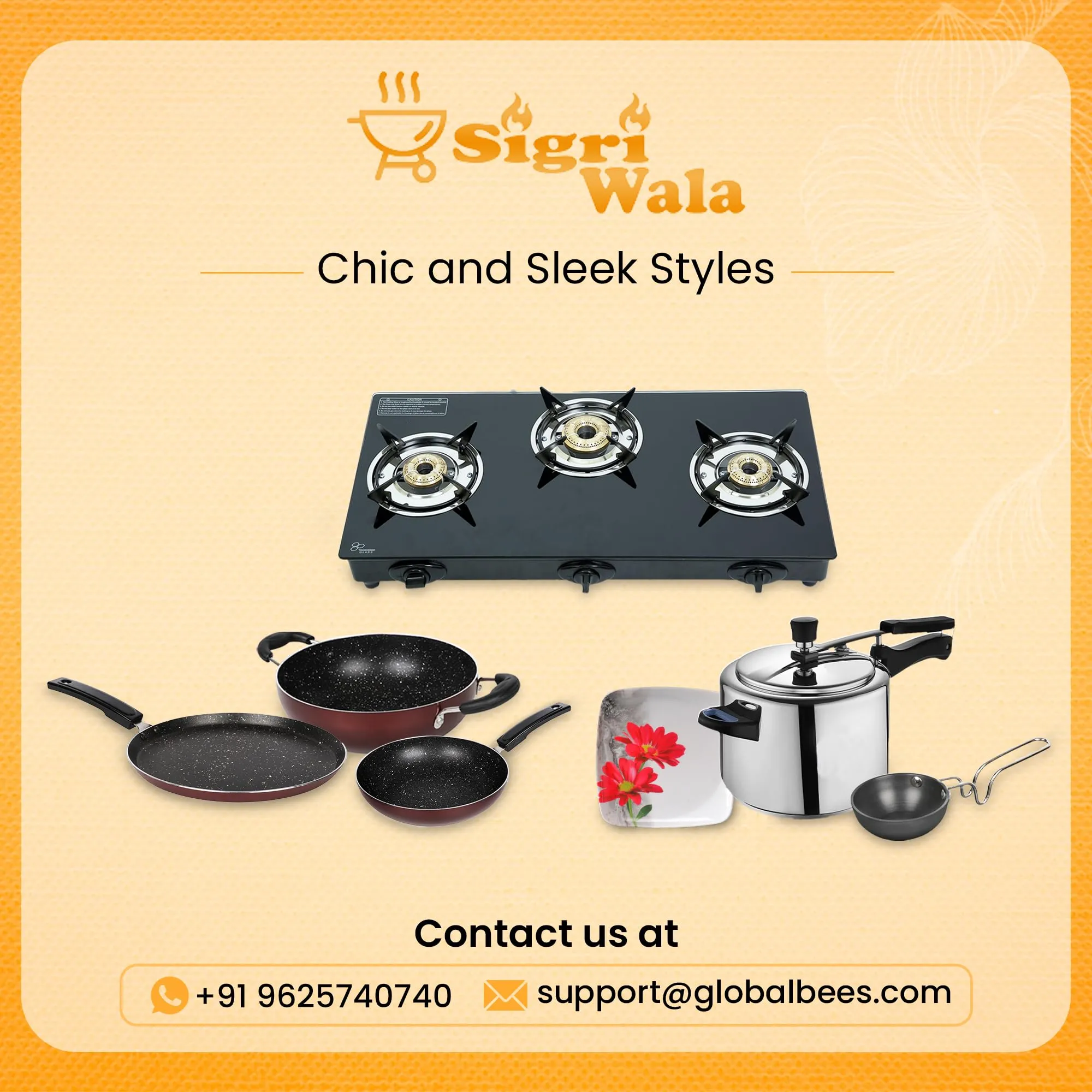 Sigri-wala Surya Tadka Pan Combo Tornado Designer Glass Manual Gas Stove (2 Burners)