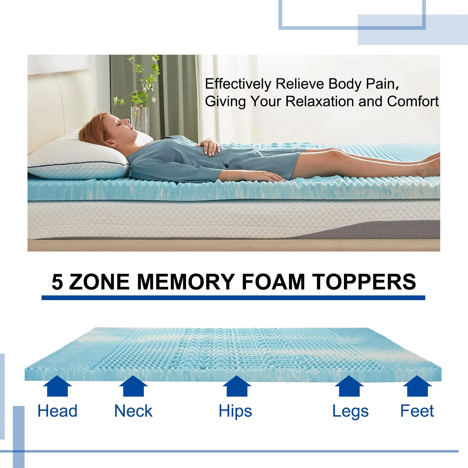 SINWEEK 2 Inch Mattress Topper 5-Zone Memory Foam Mattress Topper Pressure Relieve Soft Mattress Pad, CertiPUR-US Certified, Full Size Blue