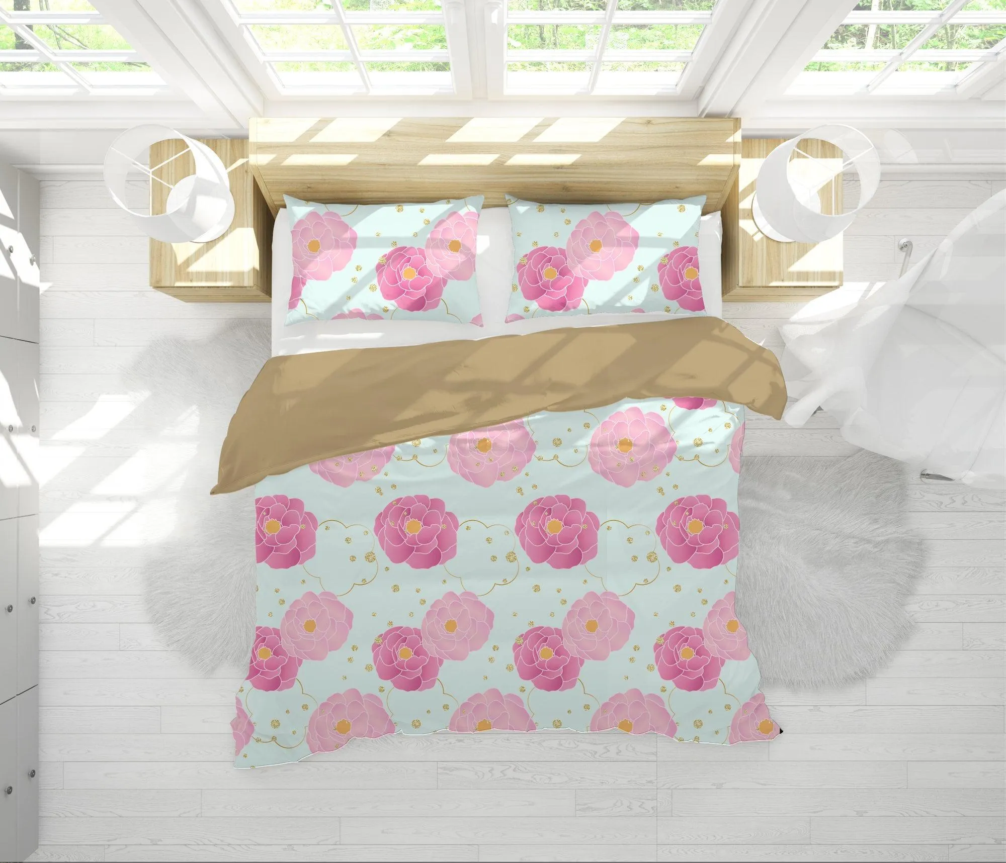 Sky Blue Bedding Set Pink Camellia Flowers, Handmade Colorful Duvet Cover with Pillow Case