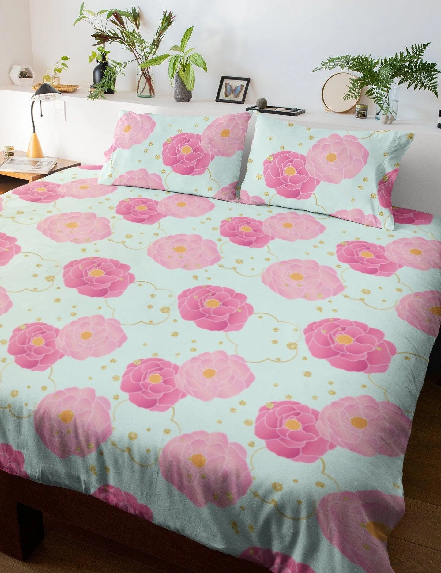 Sky Blue Bedding Set Pink Camellia Flowers, Handmade Colorful Duvet Cover with Pillow Case