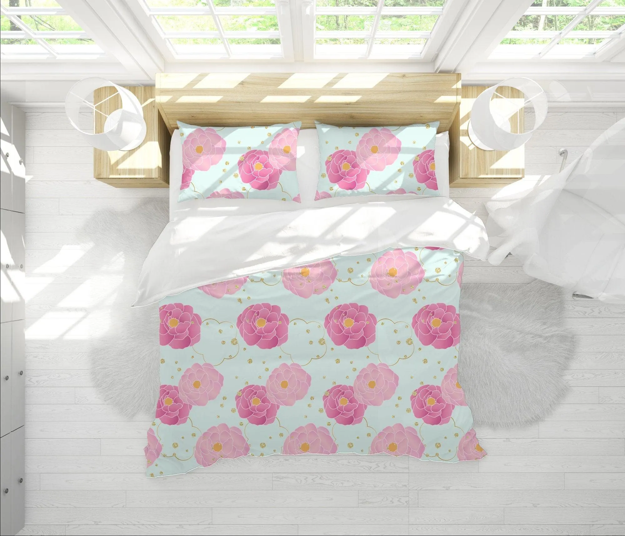 Sky Blue Bedding Set Pink Camellia Flowers, Handmade Colorful Duvet Cover with Pillow Case