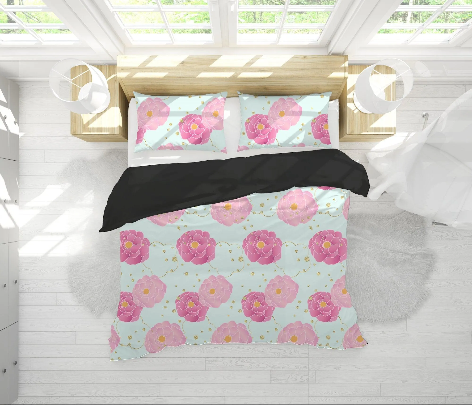 Sky Blue Bedding Set Pink Camellia Flowers, Handmade Colorful Duvet Cover with Pillow Case