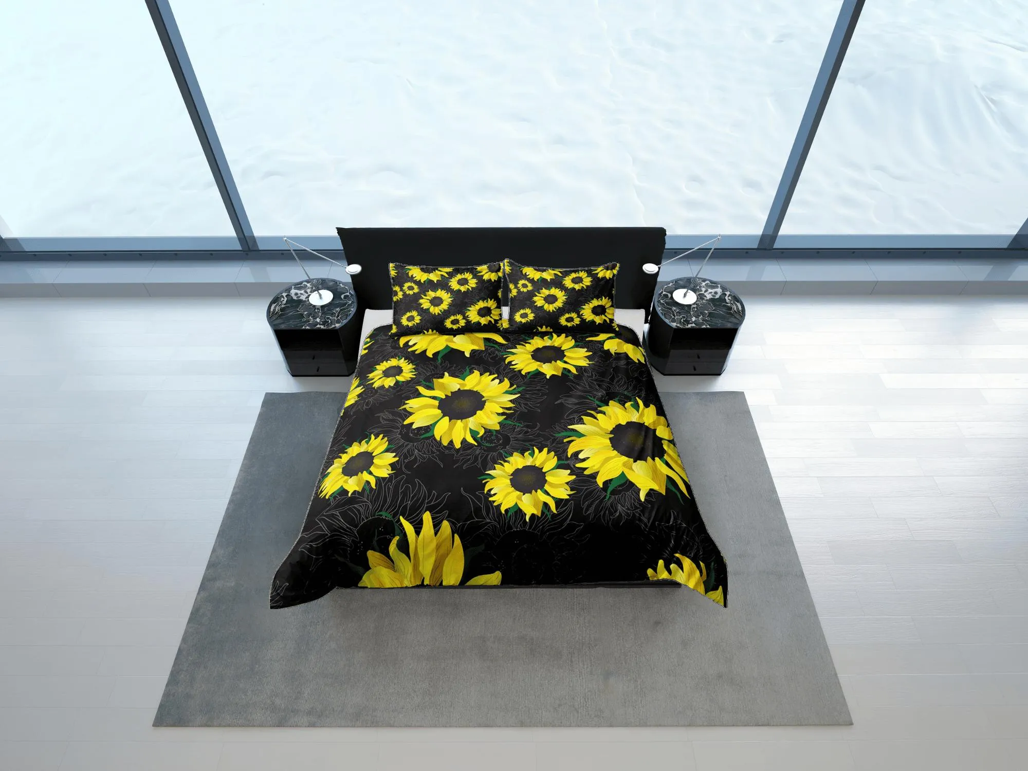 Sunflower floral bedding, black duvet cover queen, king, boho duvet, designer bedding, aesthetic bedding, maximalist decor full size bedding