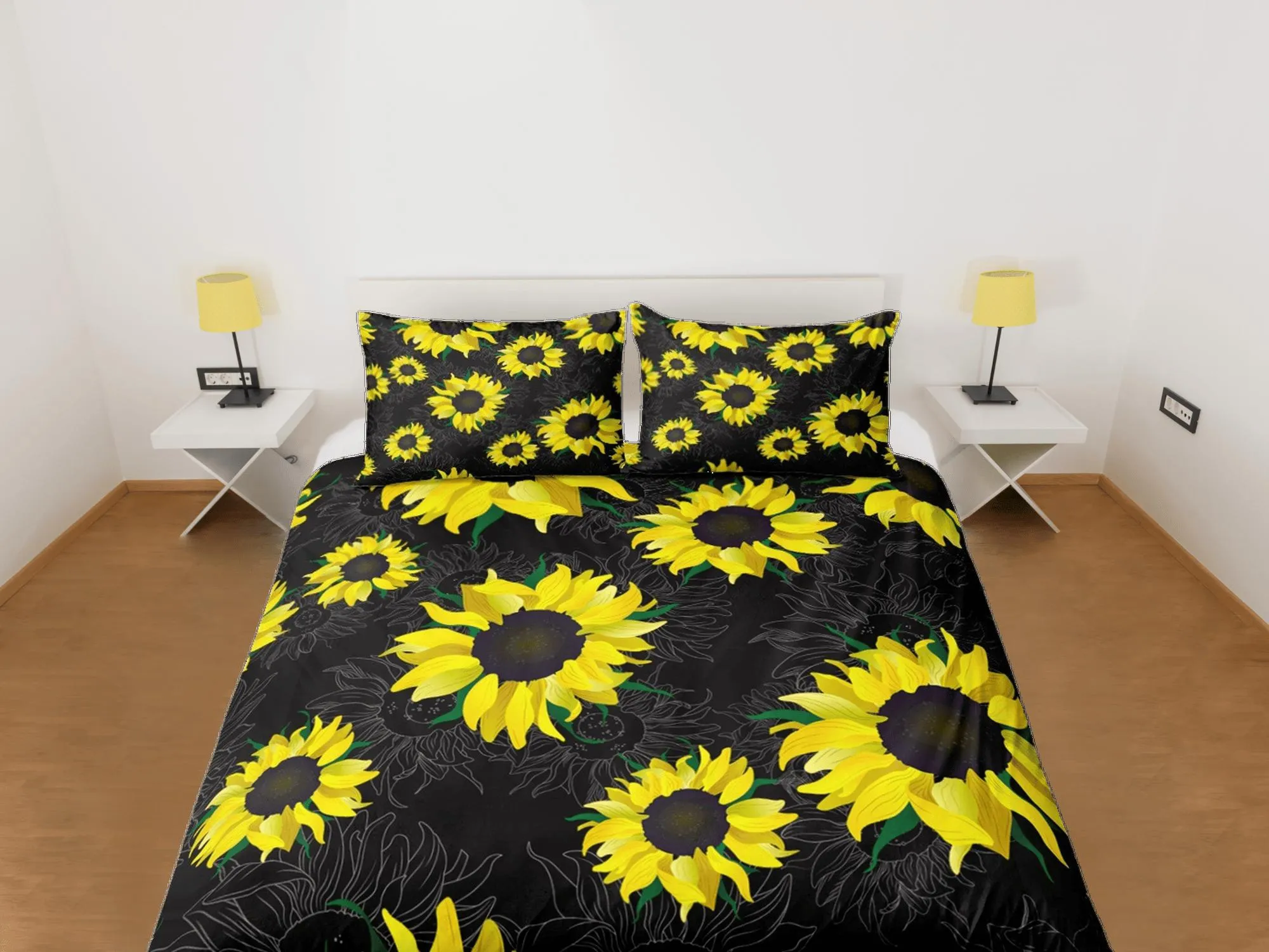 Sunflower floral bedding, black duvet cover queen, king, boho duvet, designer bedding, aesthetic bedding, maximalist decor full size bedding