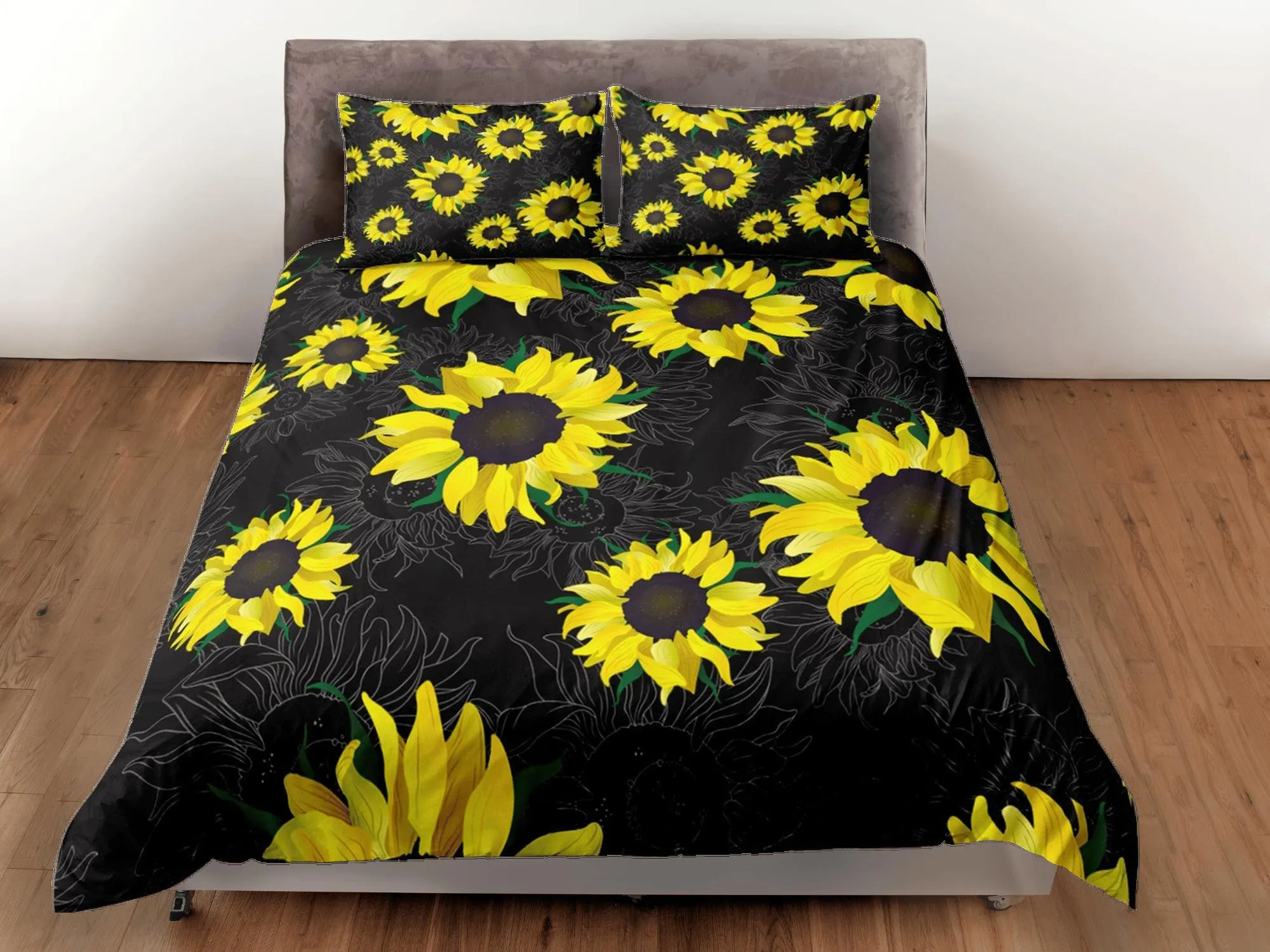 Sunflower floral bedding, black duvet cover queen, king, boho duvet, designer bedding, aesthetic bedding, maximalist decor full size bedding