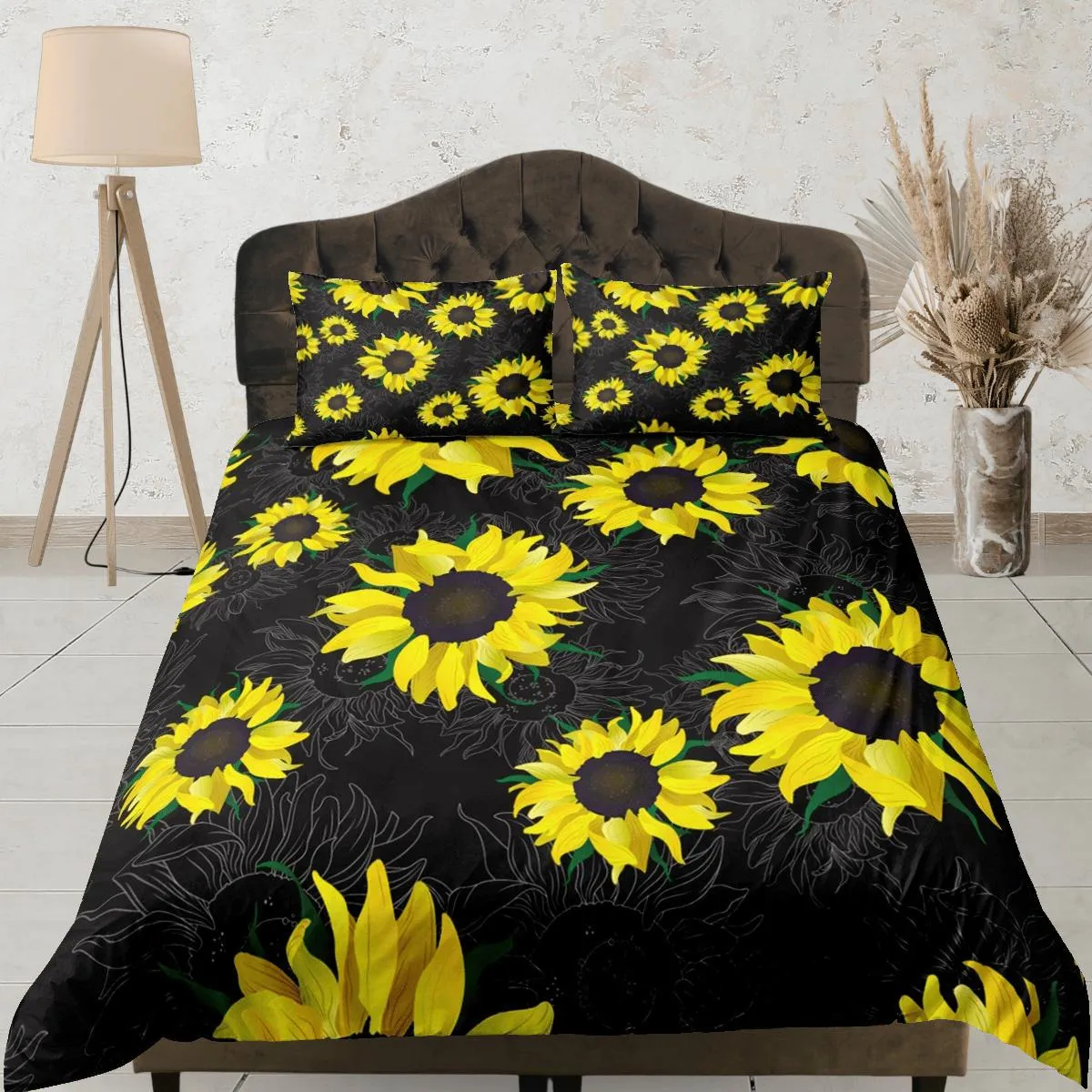 Sunflower floral bedding, black duvet cover queen, king, boho duvet, designer bedding, aesthetic bedding, maximalist decor full size bedding