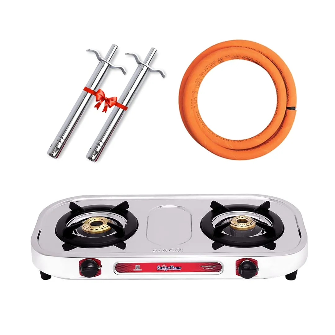 Surya Flame Costa Gas Stove 2 Burners Manual LPG Stove | LPG Gas Dual Layer Rubber Hose Pipe 1.5M | Chrome Stainless Steel Gas Lighter (Pack of 2)