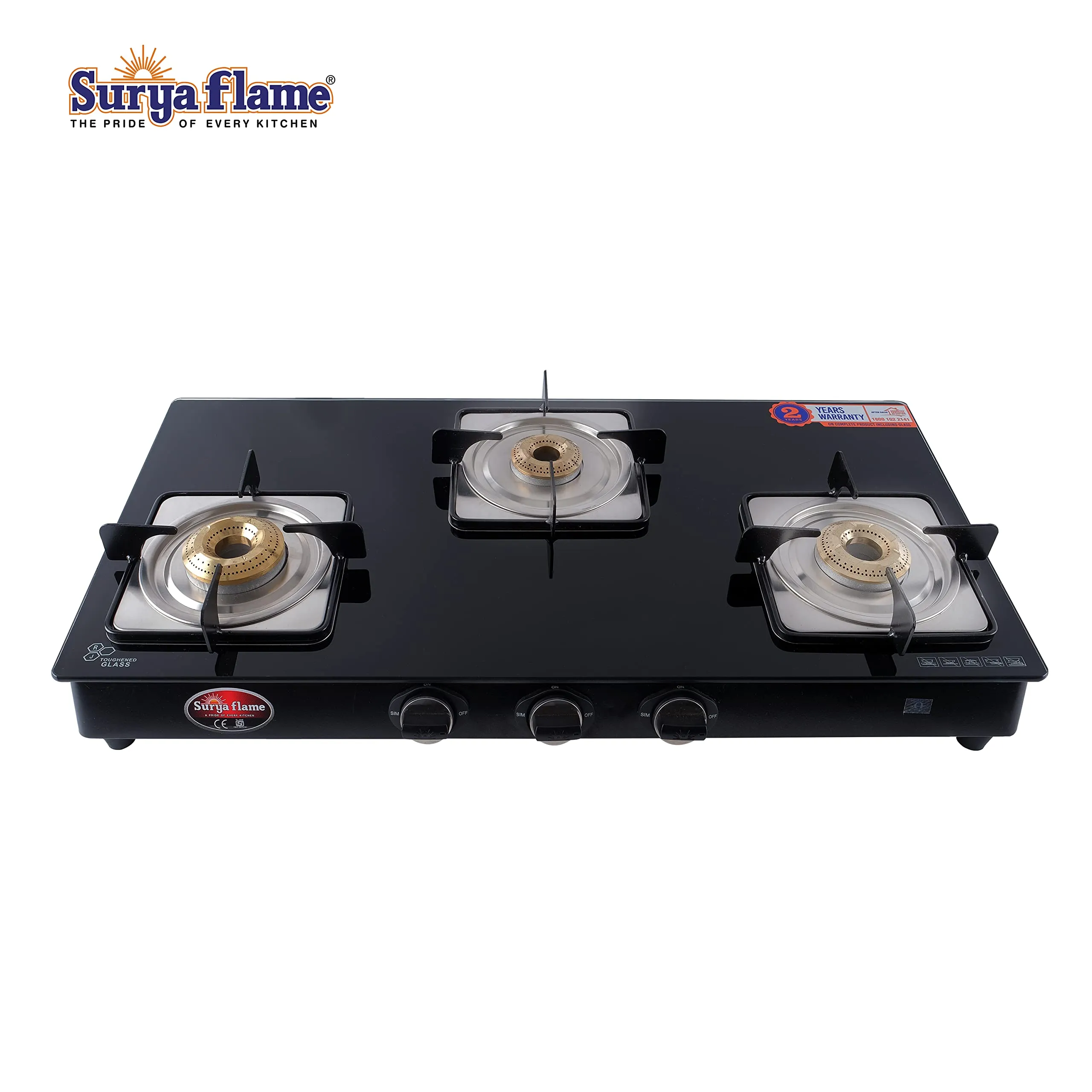 Surya Flame Nexa LPG Gas Stove 3 Burners Glass Top | LPG Gas Dual Layer Rubber Hose Pipe 1.5M | Premier Stainless Steel Gas Lighter with Knife