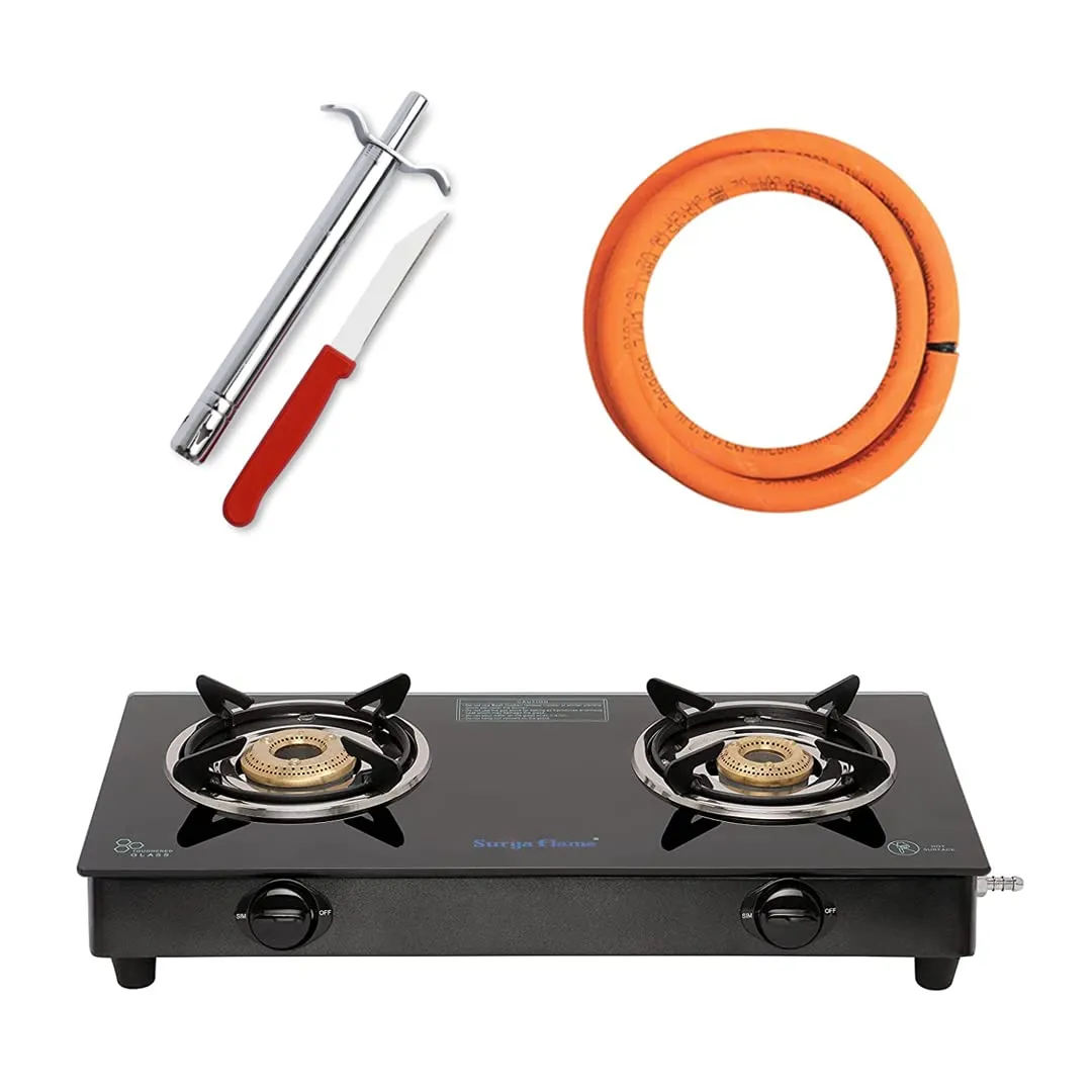 Surya Flame Nexa LPG Gas Stove 3 Burners Glass Top | LPG Gas Dual Layer Rubber Hose Pipe 1.5M | Premier Stainless Steel Gas Lighter with Knife