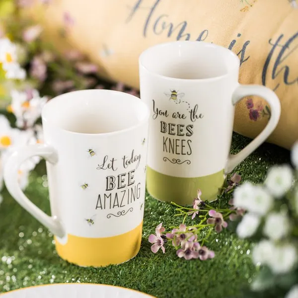 The English Tableware Company Bee Happy Set of 2 Mugs - Green & Yellow