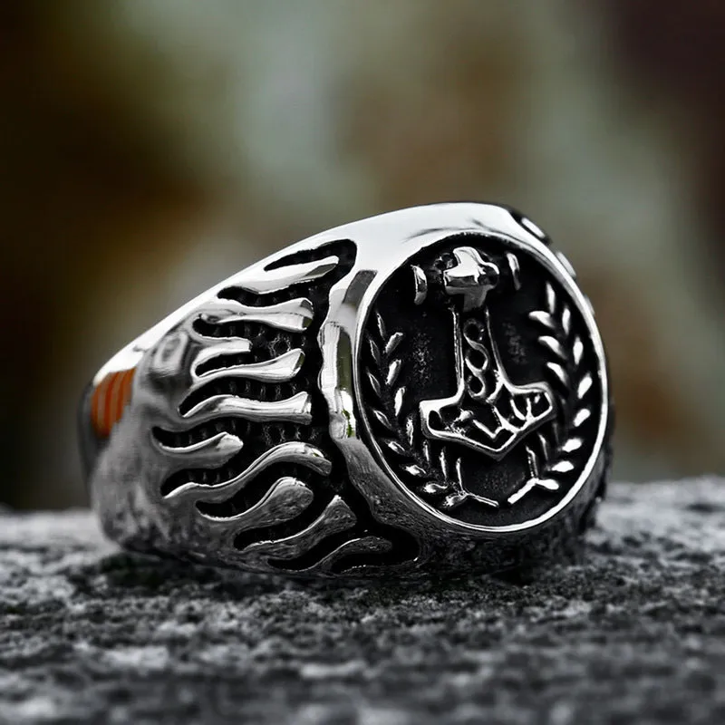 Titanium Steel Retro Viking Thor's Hammer Flame Ring for Men - Wholesale Jewelry Inspired by European and American Cinema