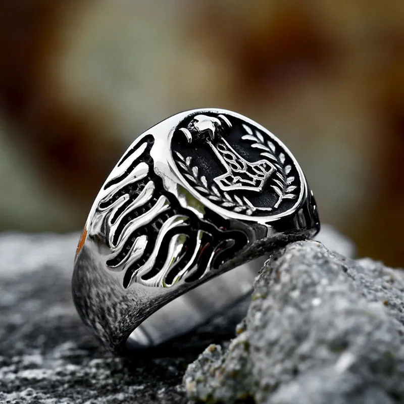 Titanium Steel Retro Viking Thor's Hammer Flame Ring for Men - Wholesale Jewelry Inspired by European and American Cinema