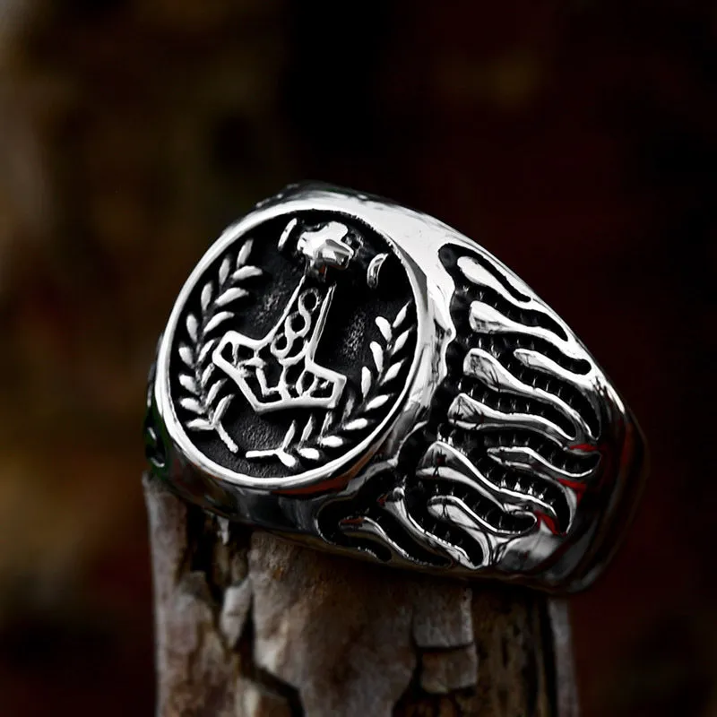 Titanium Steel Retro Viking Thor's Hammer Flame Ring for Men - Wholesale Jewelry Inspired by European and American Cinema