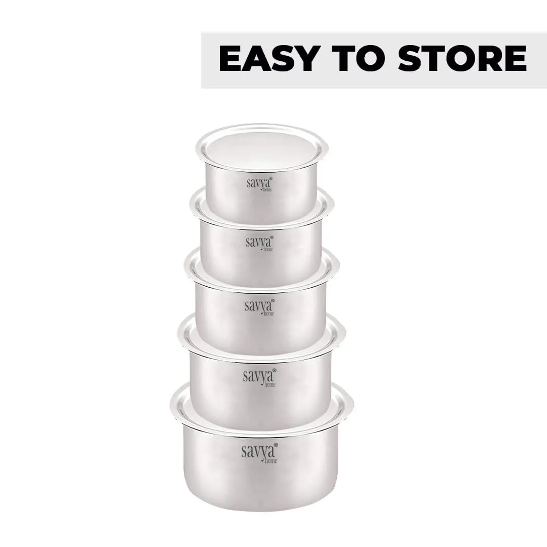 UMAI X SAVYA Home Stainless Steel Tope Set with Lid | Food Grade Stainless Steel, Durable & Wobble Free Base | Suitable for Gas Stove, High & Low Flame Heating |Tope Set of 5 - Assorted (with Lid)