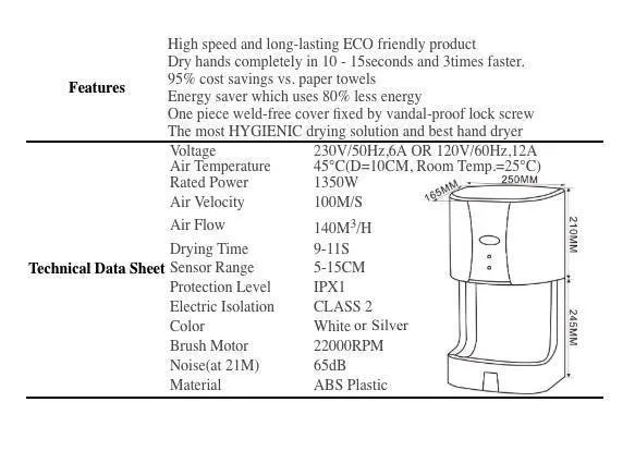 Vortex Mini Jet Hand  Dryer with Filter &  Water Tray