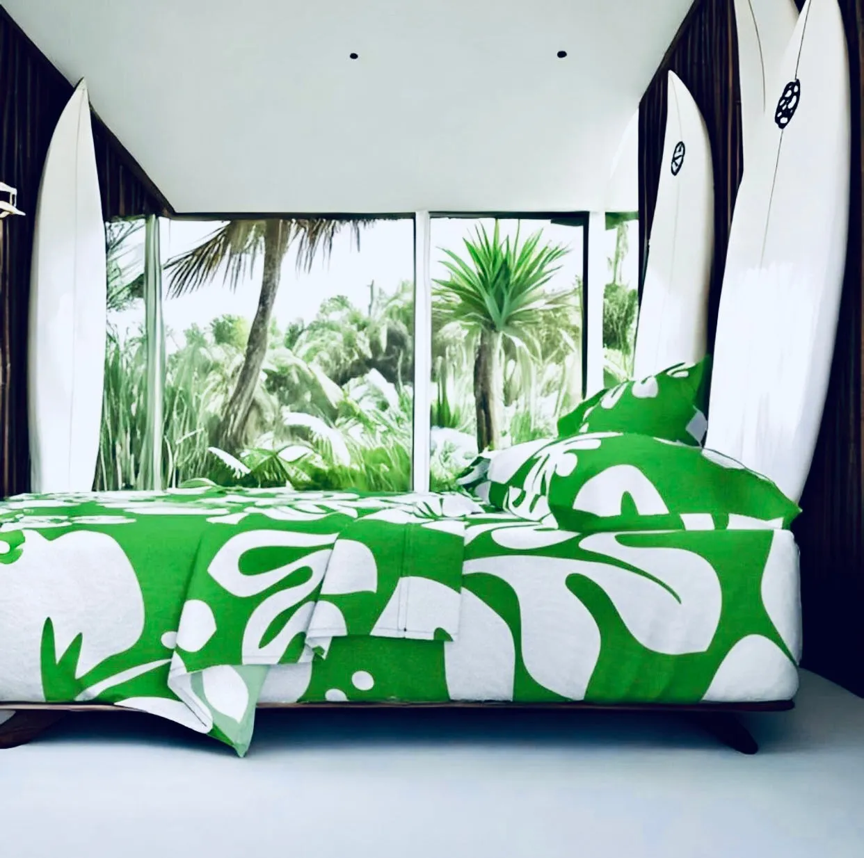 White Hawaiian Flowers on Fresh Green Sheet Set from Surfer Bedding™️ Large Scale