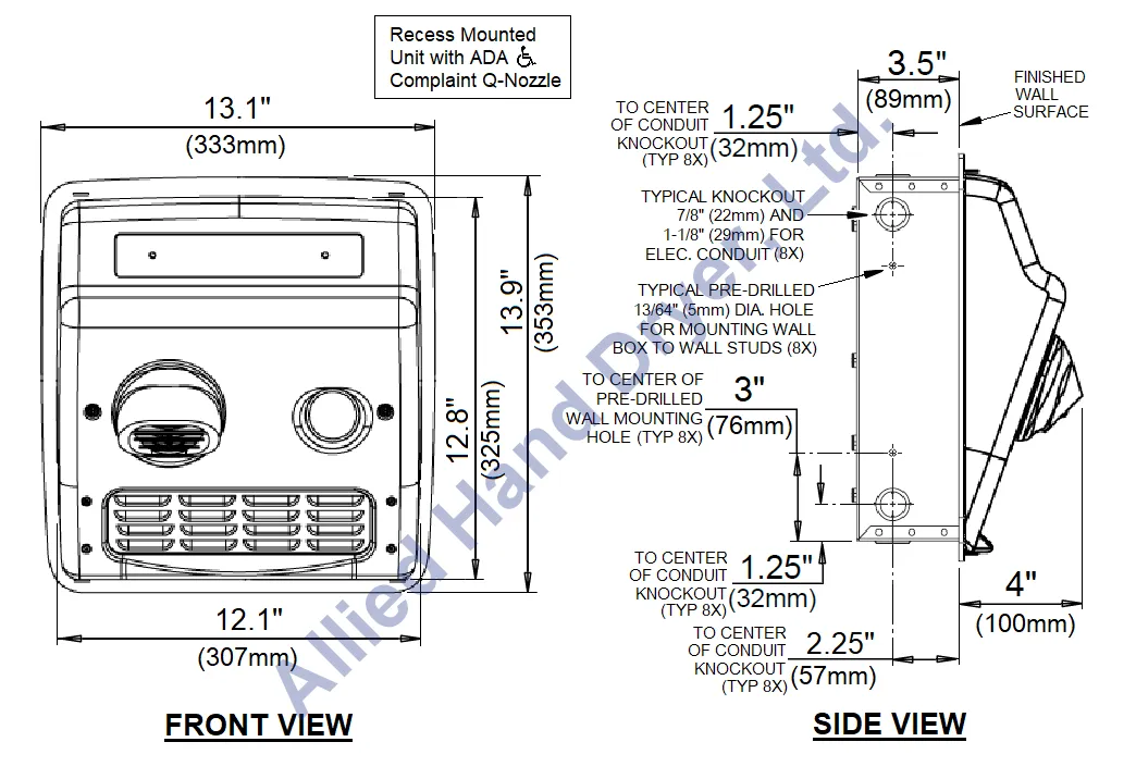 WORLD DRYER® RM54-Q974 AirMax™ Series Hand Dryer - Cast-Iron White Porcelain High Speed Push Button Recessed (208V-240V)