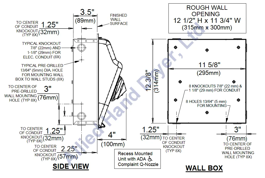 WORLD DRYER® RM54-Q974 AirMax™ Series Hand Dryer - Cast-Iron White Porcelain High Speed Push Button Recessed (208V-240V)